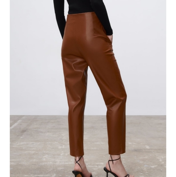 NTW Zara High Waist Cigarette Brown Leather Trouses Dress Pants - Picture 4 of 4